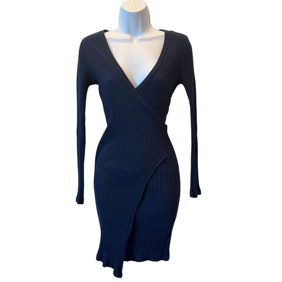Navy Ribbed Wrap Bodycon Dress Long Sleeve Charlotte Russe Womens S USA - Picture 2 of 10